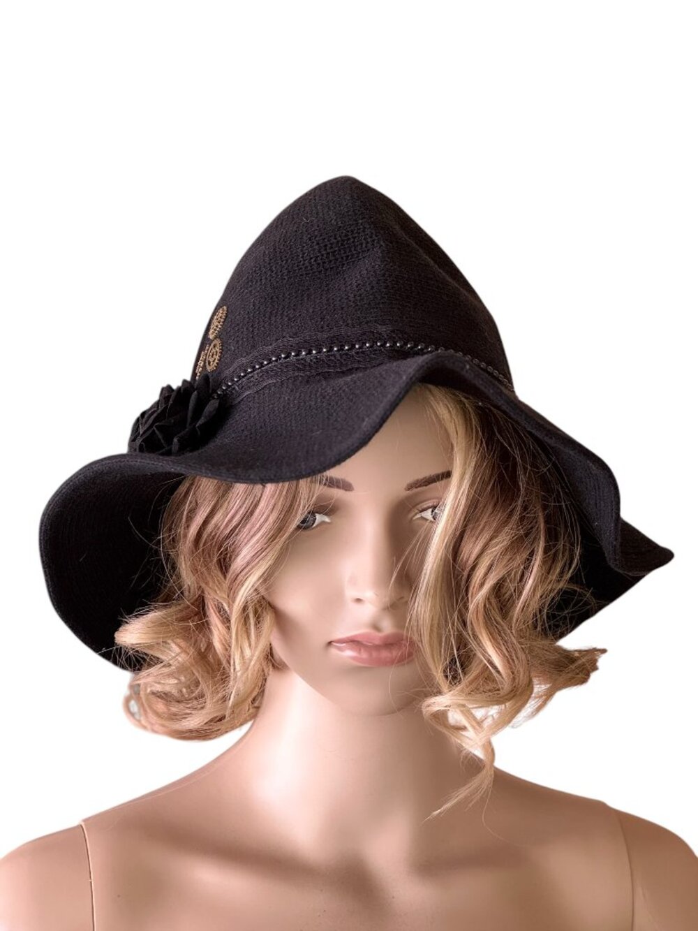 Steampunk Witch Hat Black has Gold Gears Black Roses and Black Feathers One Size